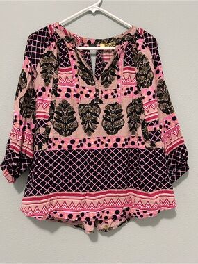 Versani Pink and Black Mixed-Print Tunic Top